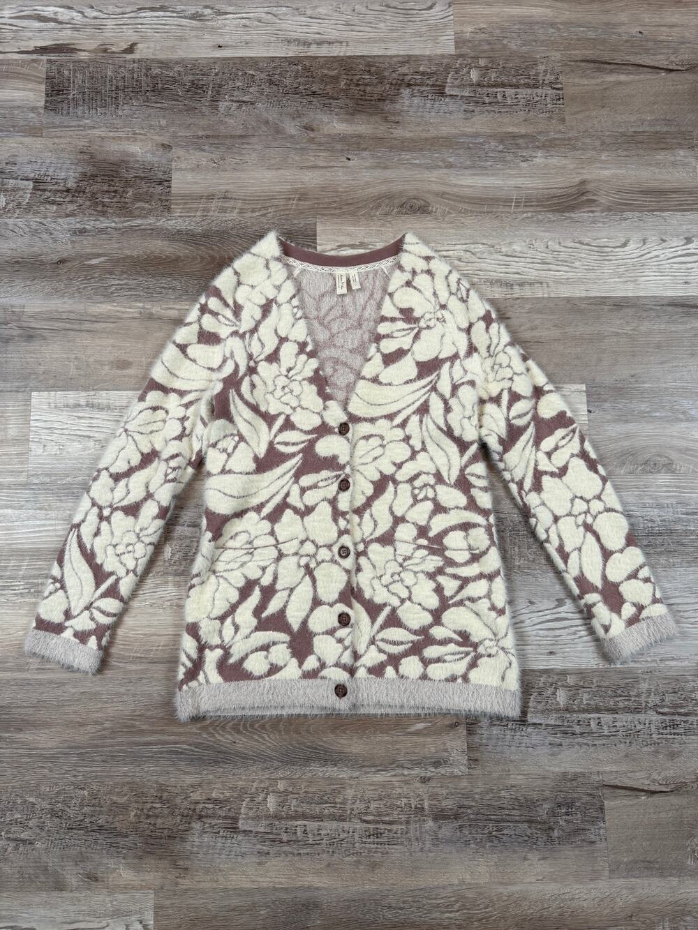 Anthropologie Meadow Rue Fuzzy Floral Eyelash Cardigan Cottagecore Cozy Fall M